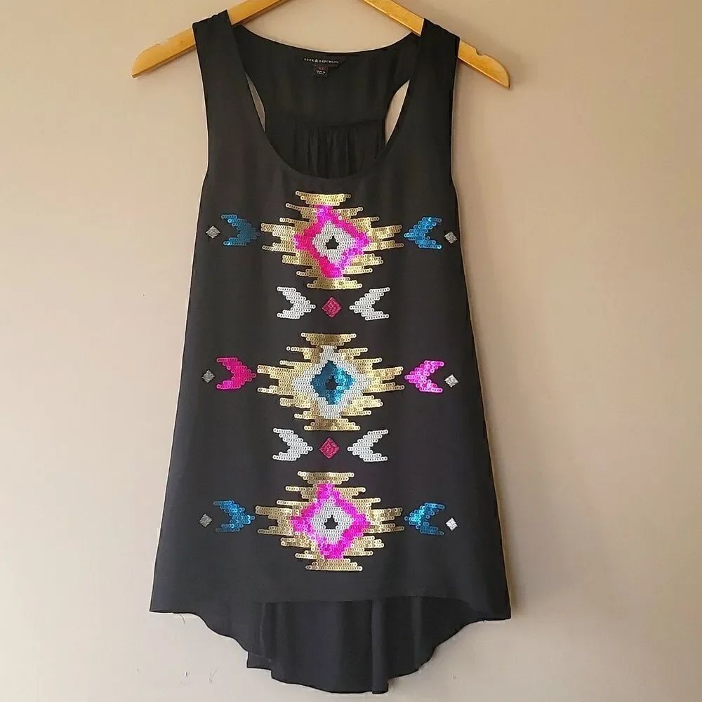 Rock & Republic Women's Black Sleeveless Top with Aztec Sequins - Size XS
